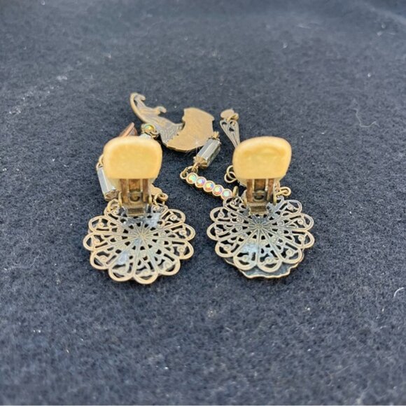 Vintage Banana Bob Bronze Lion/Iridescent/Yellow Stone Dangle Clip On Earrings - Picture 9 of 11